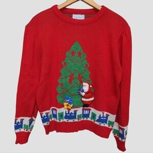 Vintage Christmas Sweater Touchy Subject 3D Santa & Presents Women's Size SMALL